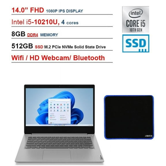 Lenovo Ideapad 3i Home and Business 14.0" FHD 1080P/ Laptop Computer/ Intel i5-10210U (Beat i7-5700HQ)/ 8GB DDR4/ 512GB SSD/ Webcam/ WiFi / Bluetooth/ Win 11 with UltraTech Mouse Pad Bundled