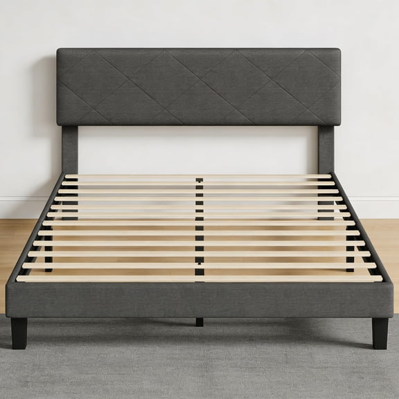 Garvee King Size Platform Bed Frame with Upholstered Headboard, King Size Bed Frame with Wooden Slat Support for Home Office, Easy Assembly Platform Bed, No Box Spring Needed & Noise Free, Gray