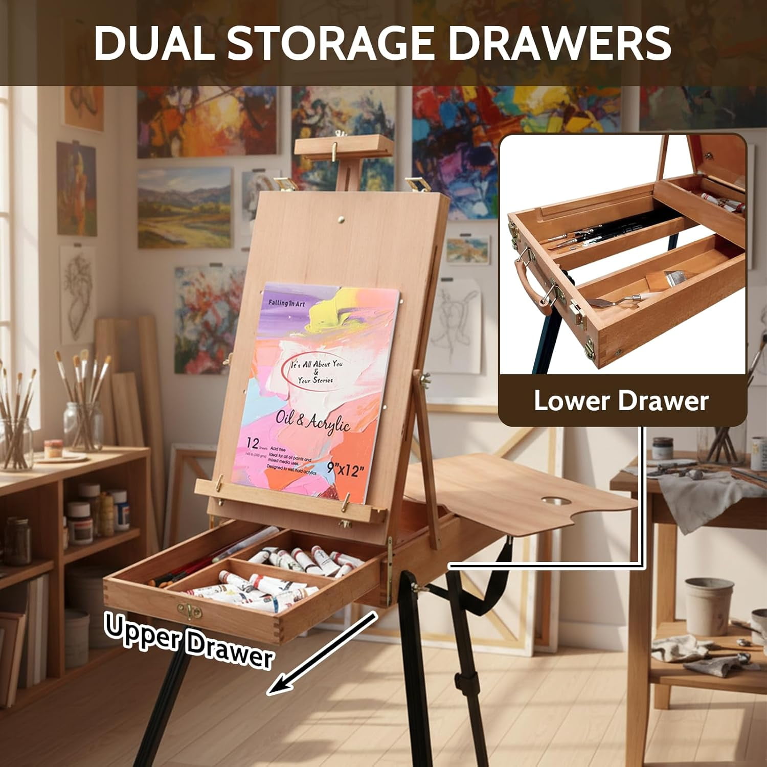 LAVFOX Lightweight French Style Field Easel with Aluminum Tripod, Adjustable Beechwood Standing Sketchbox Easel with Storage Drawer and Palette for Artists