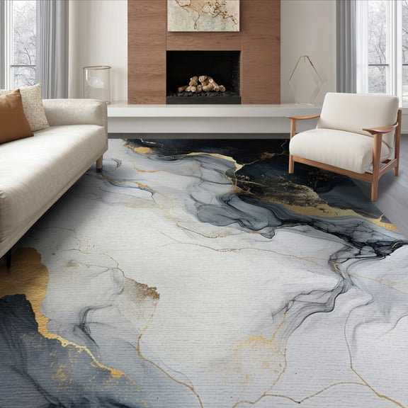 ODIKA 8'x10' Washable Area Rug Rugblack Abstract Swirl Veining Smalltan Rugsgold Vases Yellow for Living Room, Under Sectional, Family , Durable, Non-Slip