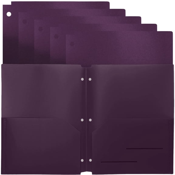 Youngever 6 Pack Heavy Duty Plastic Two Pocket Folders, Binder Dividers with Pocket, 3 Hole Punch Folder with Notches, Binder Folders (Purple)