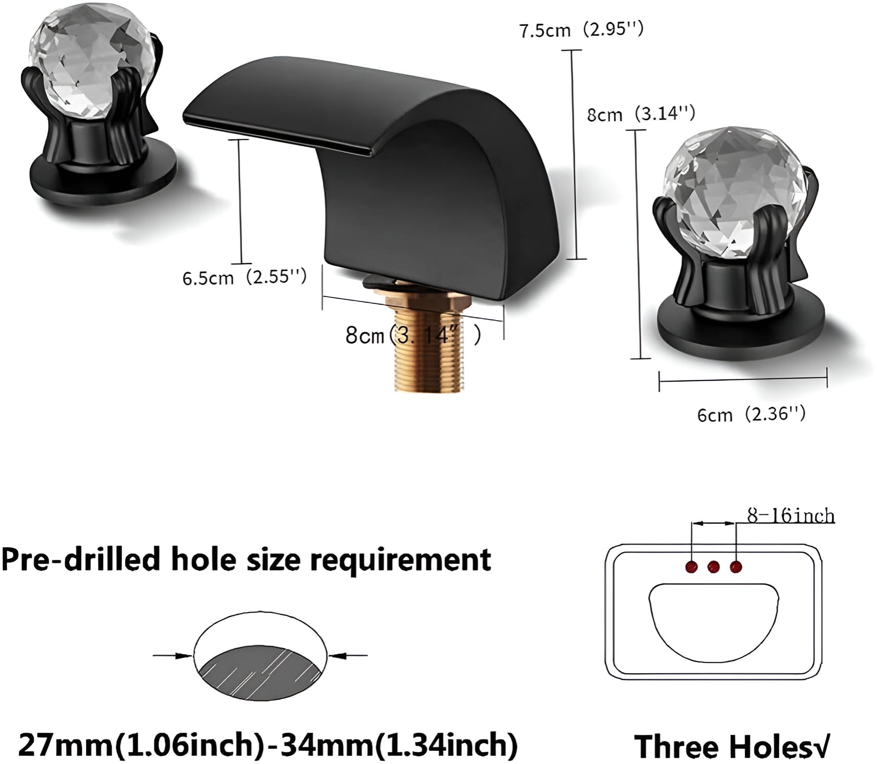 Black Widespread Bathroom Basin Sink Faucet LED Spout 2-Handle 3 hole Mixer Tap