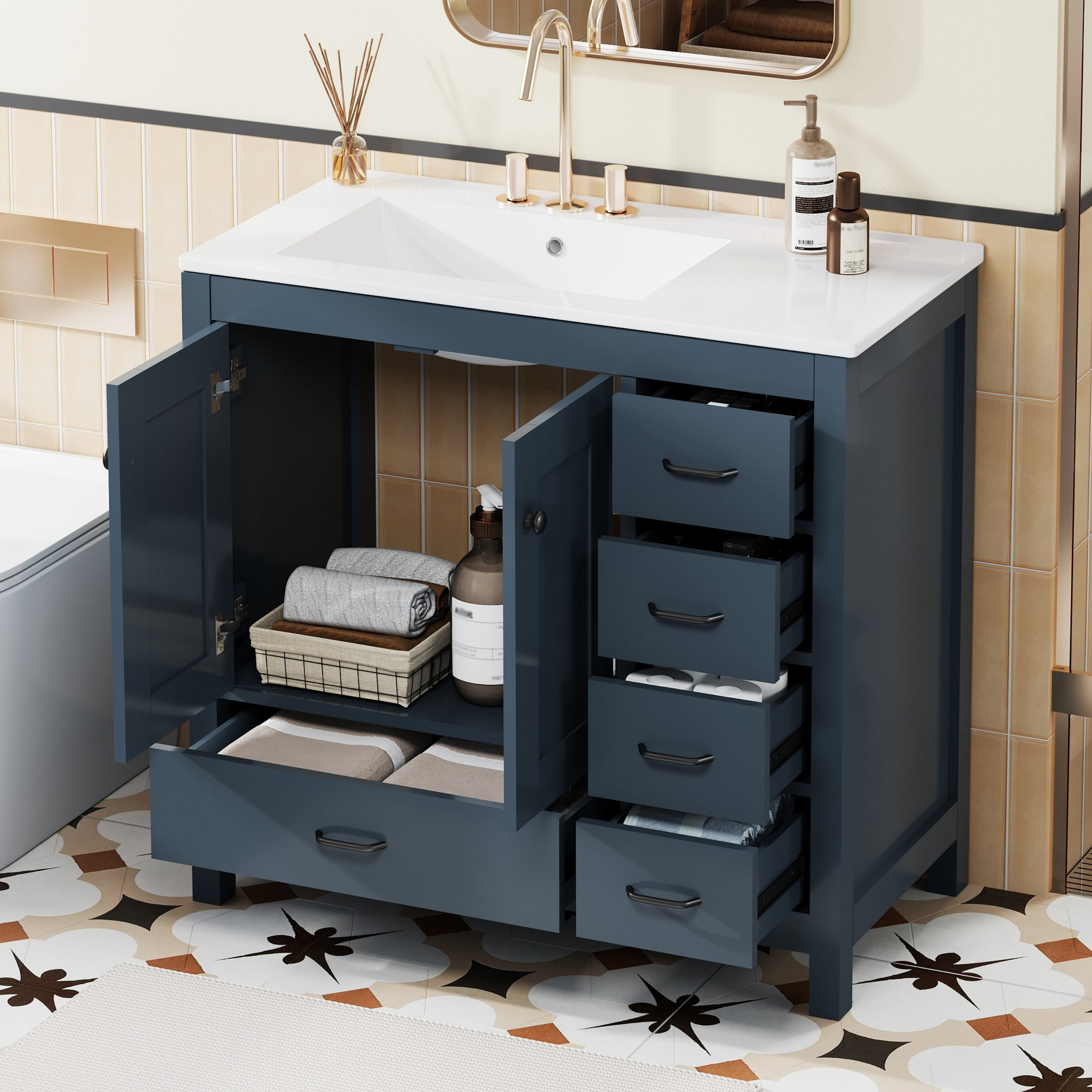Euroco 36" Blue Bathroom Vanity with Ceramic Sink Combo, Abundant Storage Cabinet -2 Soft close doors and 5 drawers