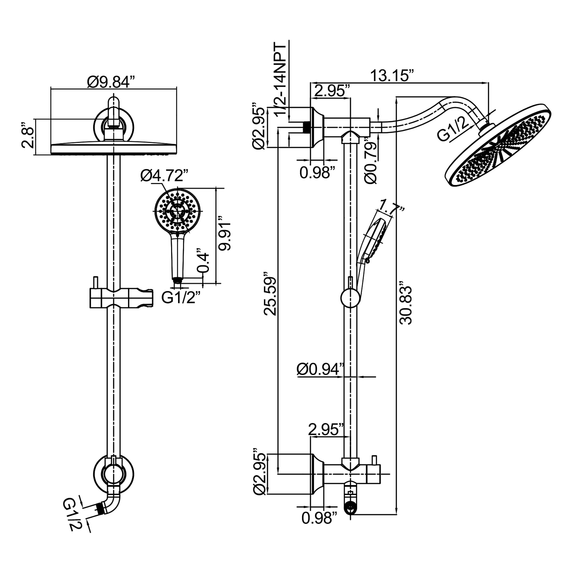 Multi Function Rainfall Shower Head with Hand Shower without Rough-in Valve