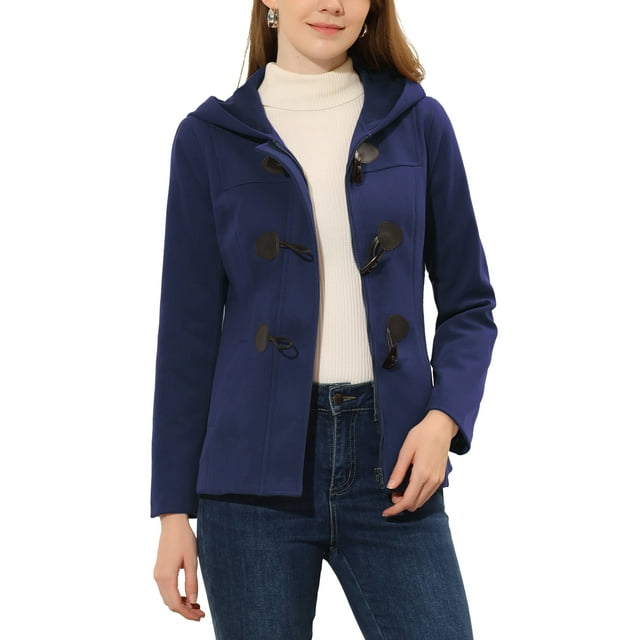 INSPIRE CHIC Women's Toggle Duffle Coat Zipper Front Solid Cropped Hooded Anorak M Navy Blue