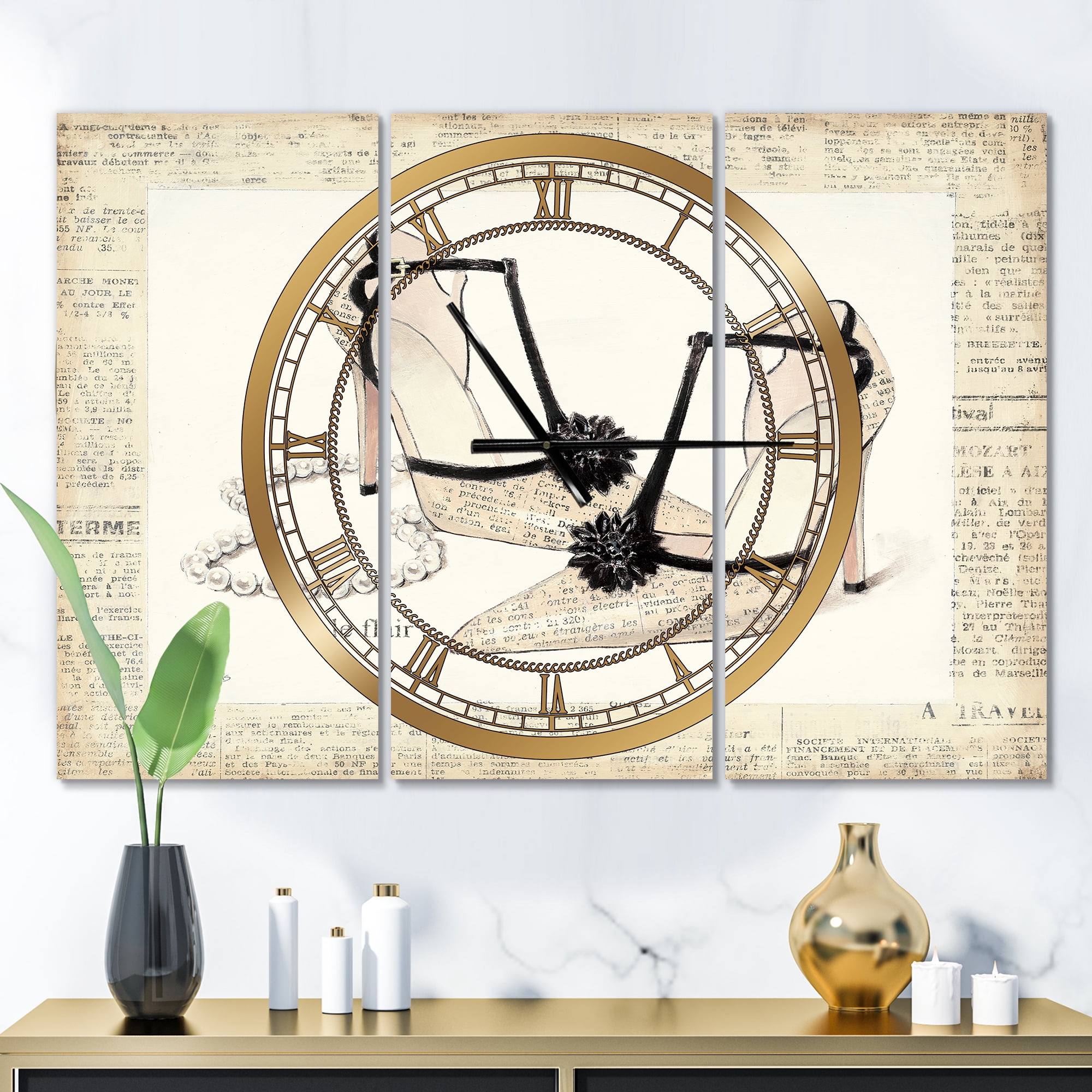 Chic Galm Closet III' Glam 3 Panels Oversized Metal Clock - 36 in. wide x 28 in. high - 3 panels