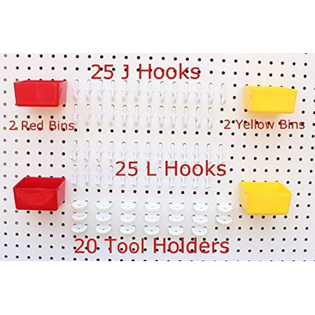 Footpeg Holder - 74 pc PEG BOARD KIT 25 J & L Hooks plus 20 Tool holders 4 Peg Board Bins Yellow Red