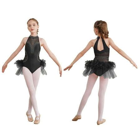 iiniim Kids Girls Sparkly Rhinestone Ballet Gymnastics Leotards Dance Sleeveless Bodysuit Dress Black 16