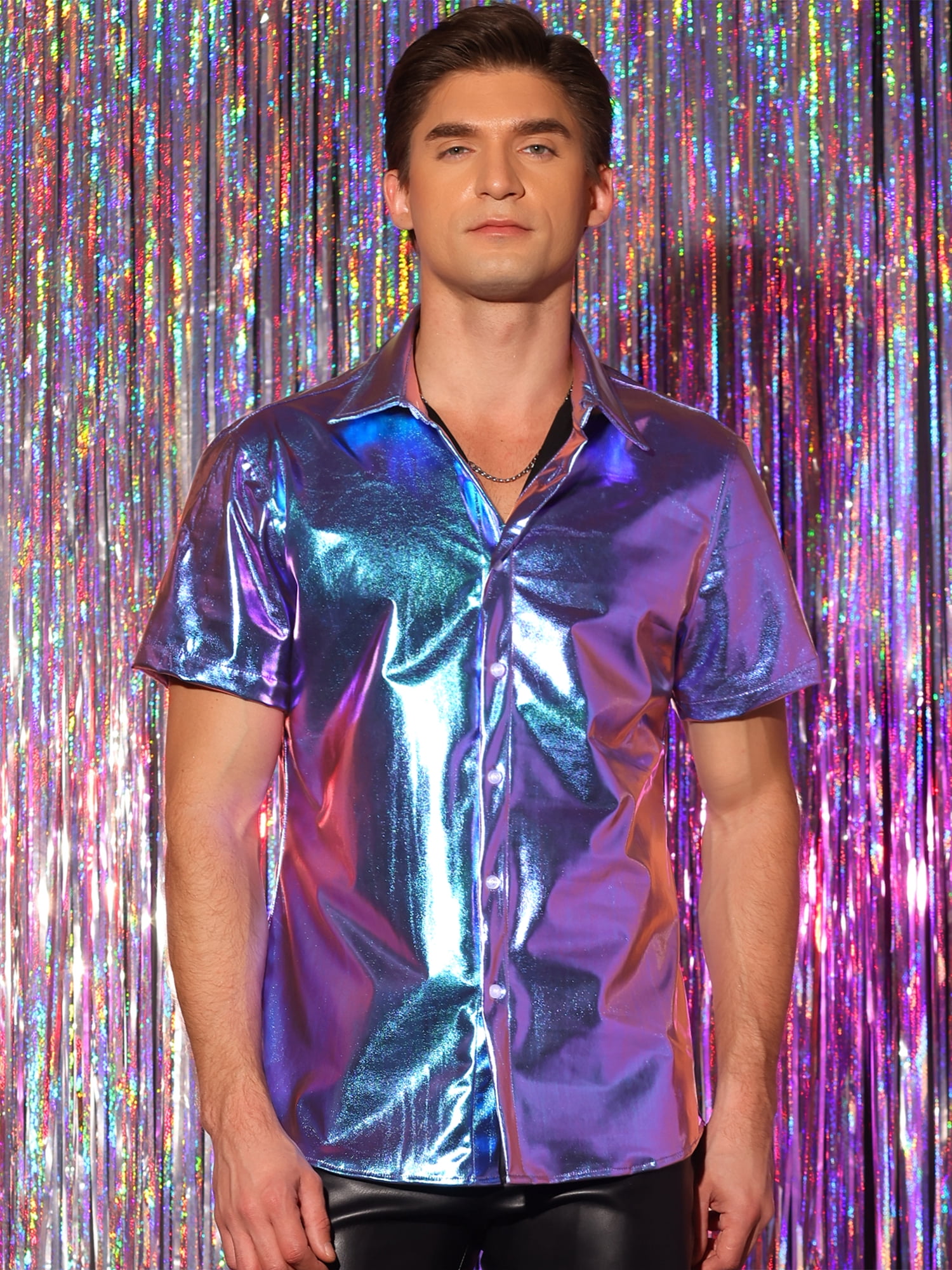 Unique Bargains Men's Holographic Shirt Button Down Party Shiny Metallic Shirt 2XL Purple