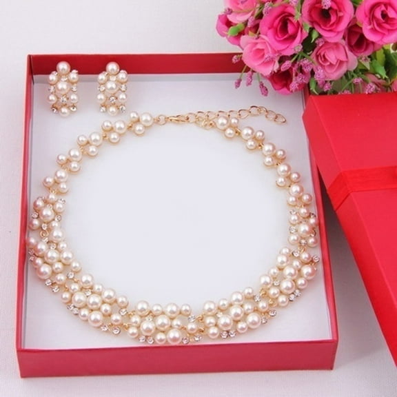 OPOLSKI 2Pcs Women Fashion Faux Pearl Rhinestone Inlaid Necklace Earrings Jewelry Set White