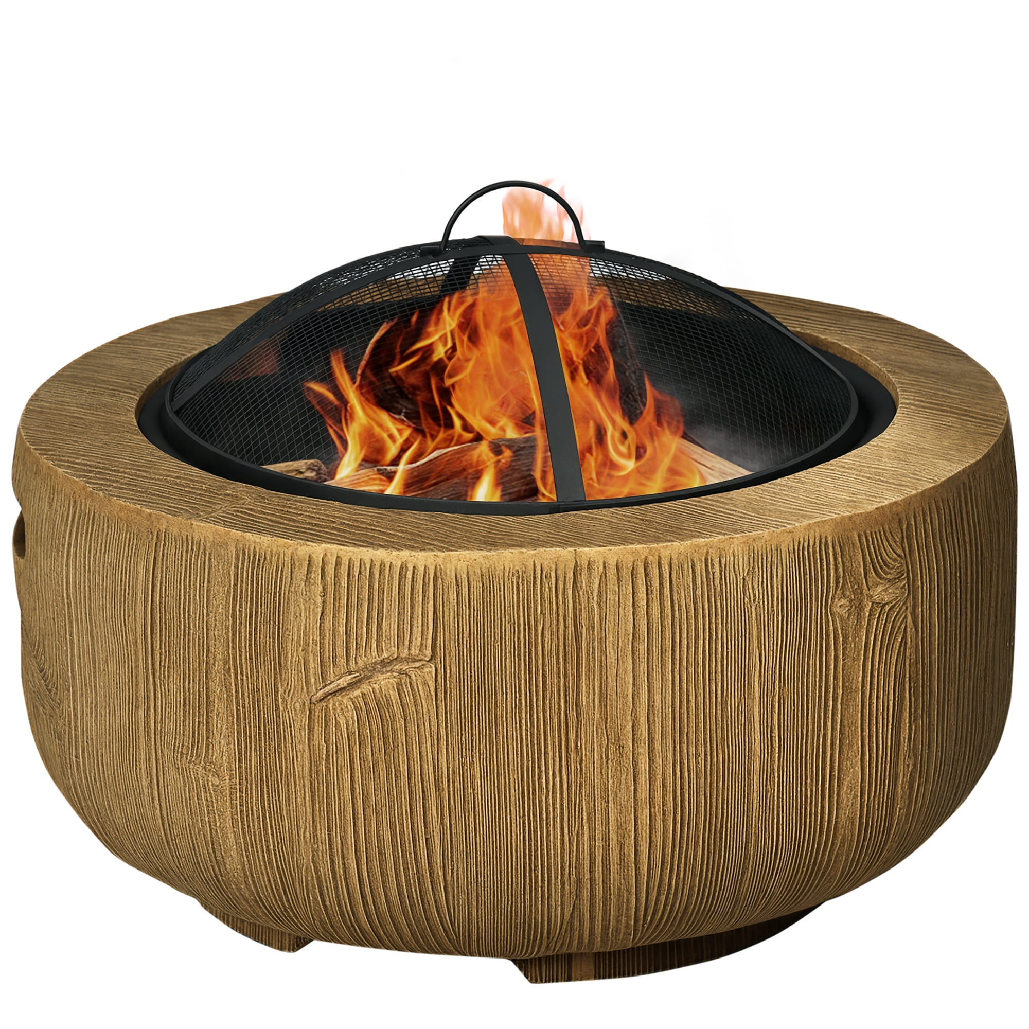 Outsunny Outdoor Fire Pit, 24 Inch Metal Wood Burning Fireplace with Spark Cover, Poker, Woodgrain Design for Patio, Picnic, Backyard, Light Brown
