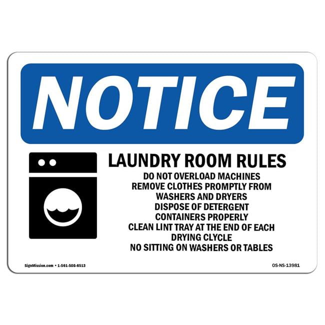 Laundry Room Rules Sign White,Aluminum 7X10 