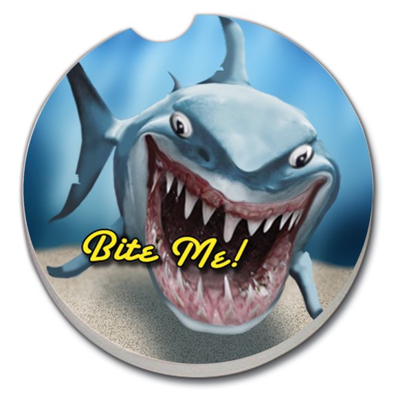 Absorbent Stoneware Car Coaster, Shark Bite Me, Set of 2