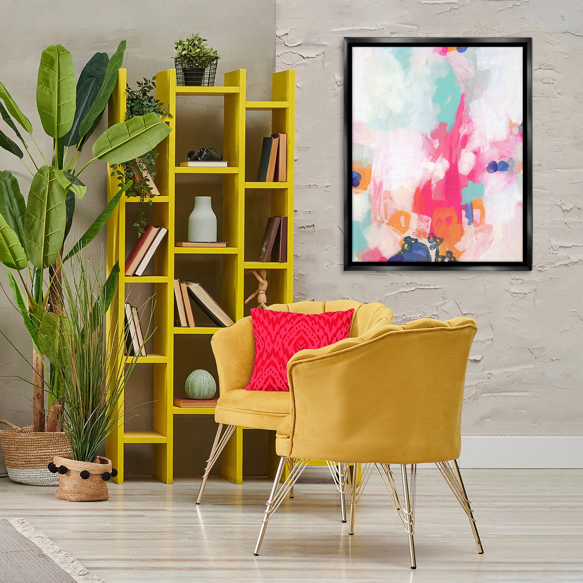 Stupell Industries Pink & Pastel Abstract Abstract Painting Black Floater Framed Canvas Art Print Wall Art, 25 x 31