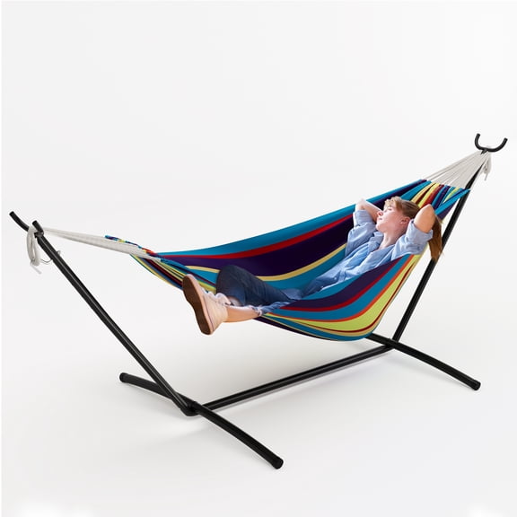 Accreate Blue Double Hammock with Stand, 450lbs Heavy Duty Portable Cotton Hammock for 2 Adults, Freestanding Indoor Outdoor Hammock Set with Steel Stand & Carrying Bag