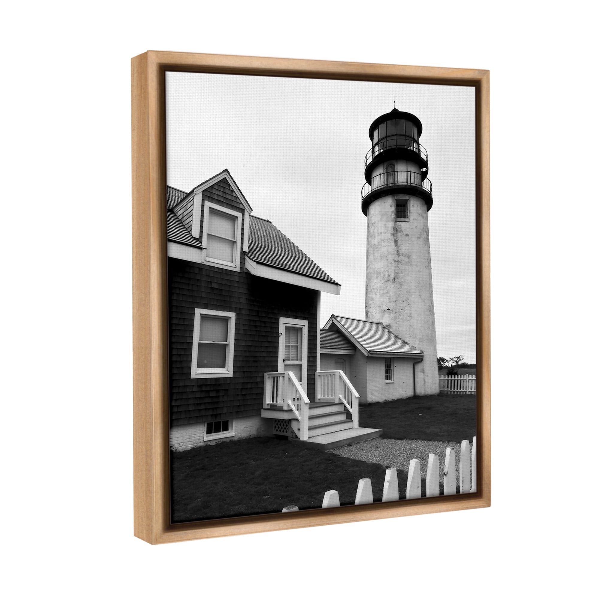 Stupell Industries Coastal Lighthouse with Fence Nature Photography Brown Floater Framed Canvas Art Print Wall Art, 25 x 31