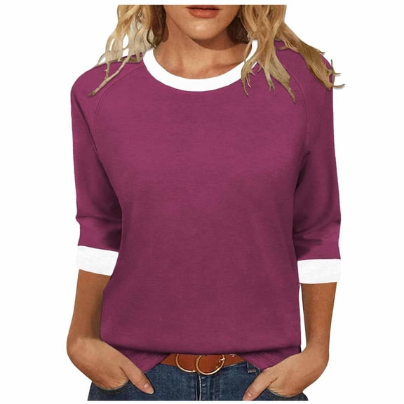 fatyb 3/4 Sleeve Tops for Women Crew Neck Color Block T Shirts Comfort Blouses Summer Casual Loose Tee