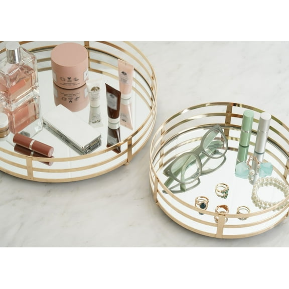 BalsaCircle 2 Gold Mirrored Metal Acrylic Wooden Textured Roundative Serving Trays