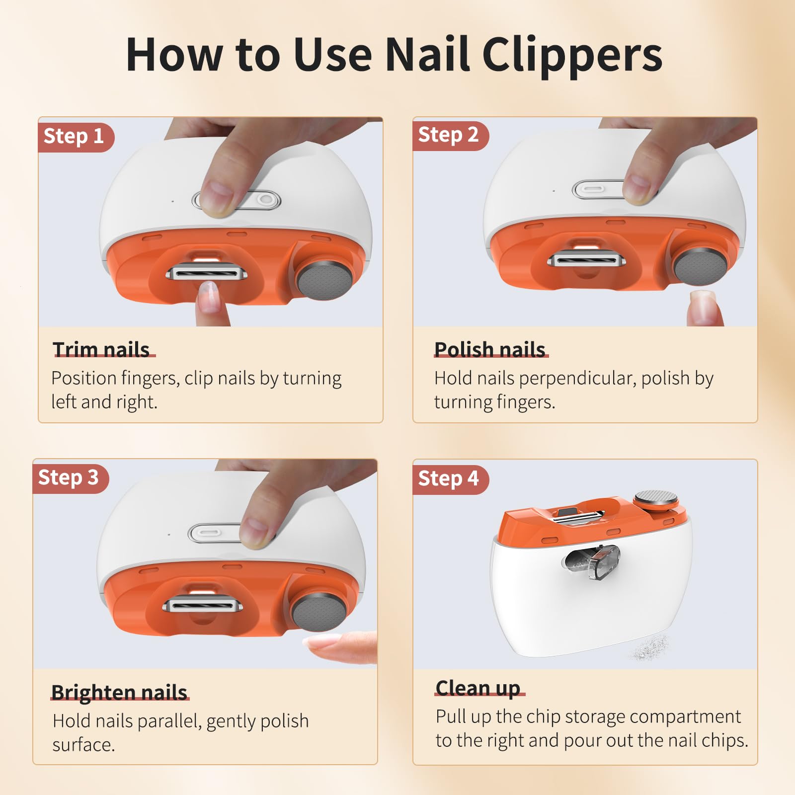 Electric Nail Clipper & Polisher – Automatic Nail Trimmer with LED Light, USB Rechargeable, Clip Storage, Safe for Baby & Seniors（Orange）