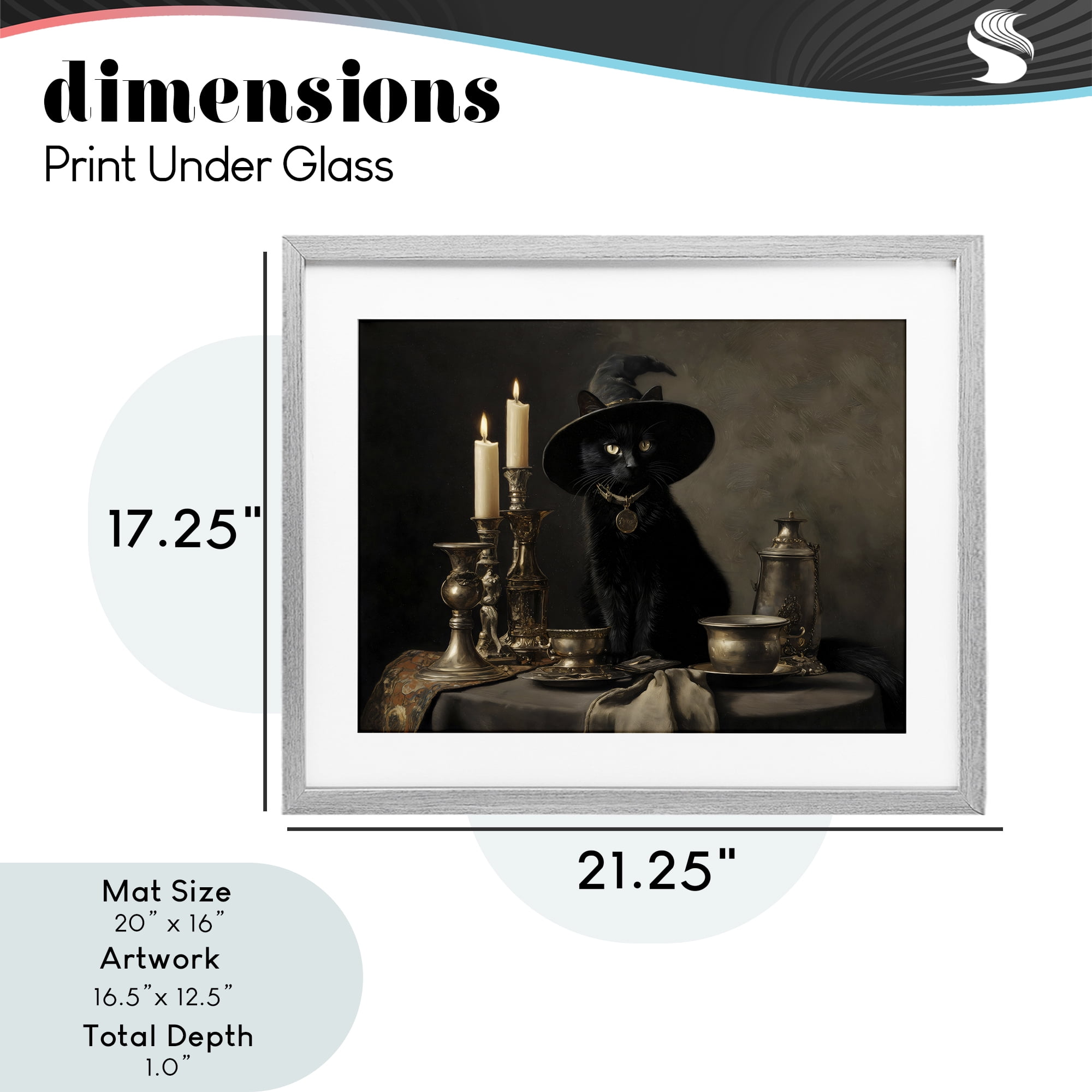 Vintage Witchy Black Cat Gray Framed Print Under Glass, design by Arlington Prints