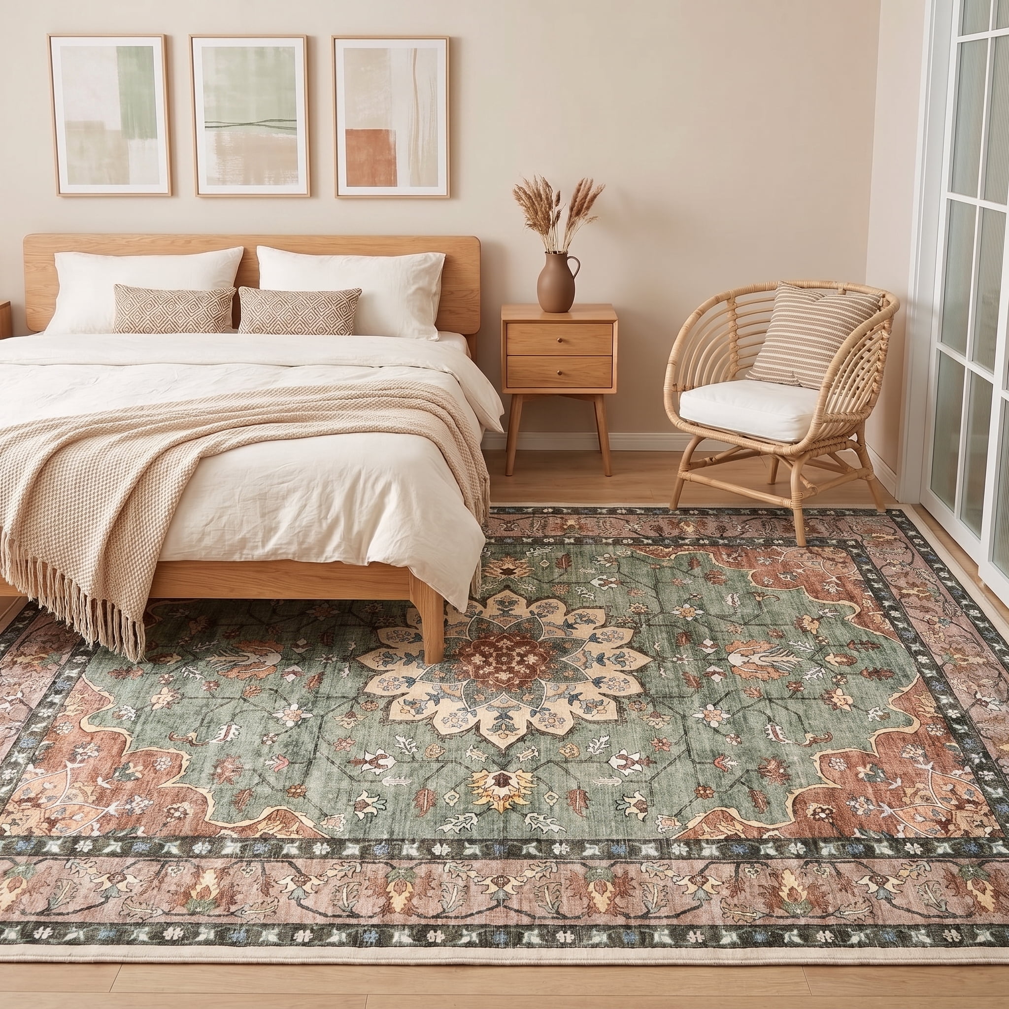 Prilinex 8'x10' Area Rug Living Room Rug, Large Washable Rug for Bedroom Dining Room, Vintage Floral Carpet Low Pile Distressed