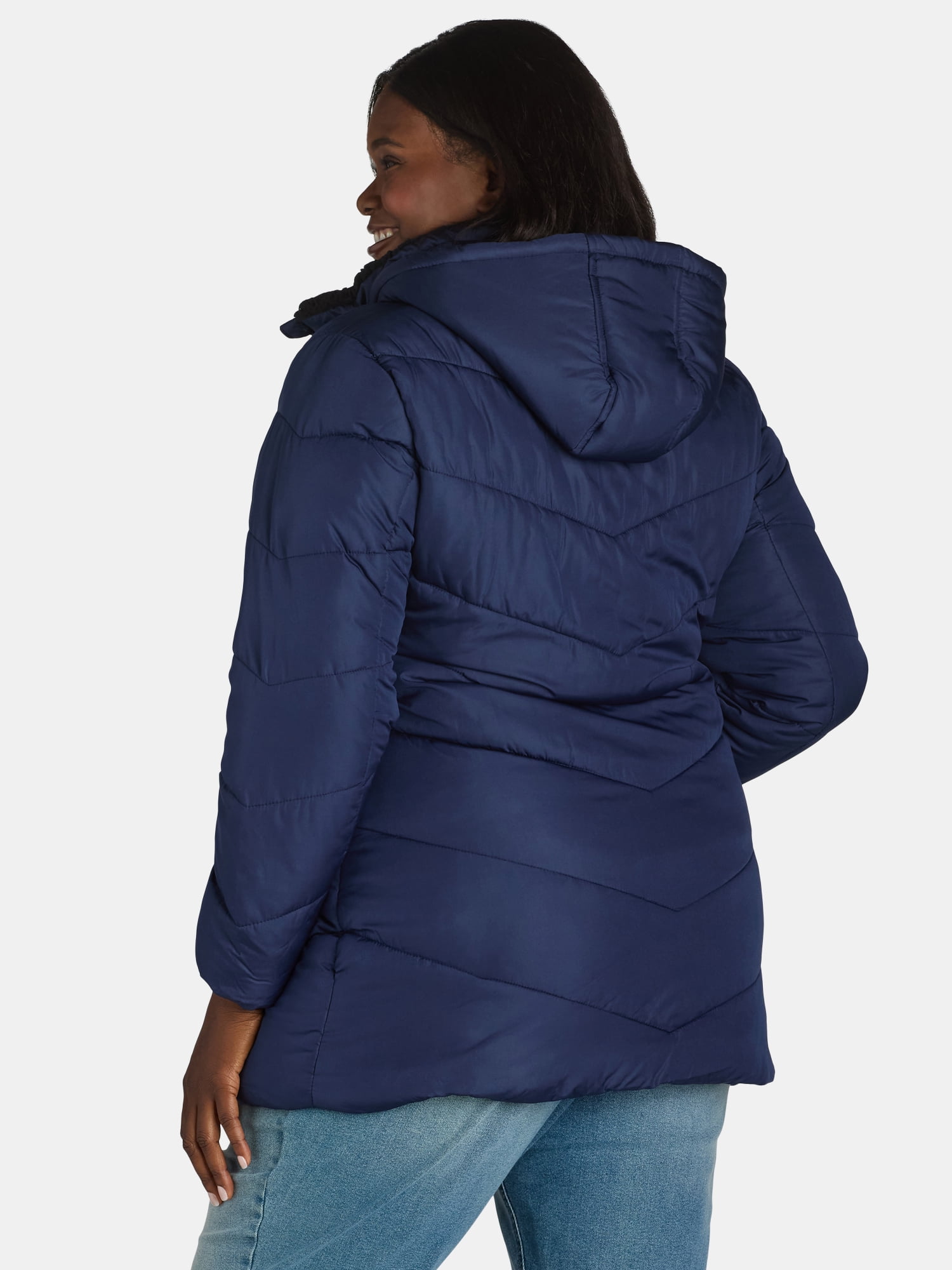 Big Chill Women's and Women's Plus Chevron Quilted Puffer Jacket with Hood, Sizes S-3X