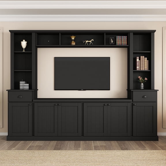 Minimalist Entertainment Wall Unit Set with Bridge for TVs Up to 75'', Ample Storage Space TV Stand with Adjustable Shelves, Modernist Large Media Console for Living Room, Black