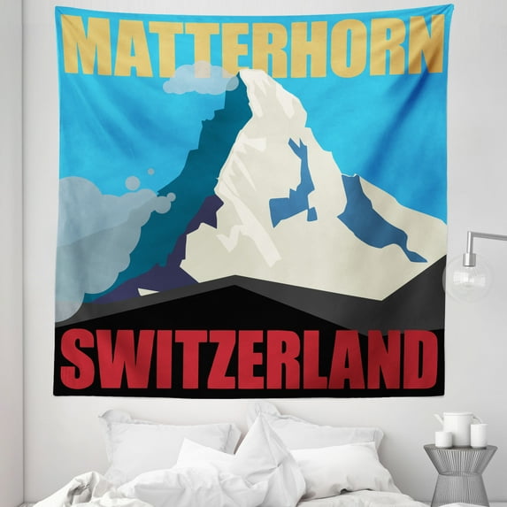 Switzerland Tapestry, Mount Matterhorn Monte Cervino Peak Silhouette Poster Design, Fabric Wall Hanging Decor for Bedroom Living Room Dorm, 5 Sizes, Yellow Blue, by Ambesonne