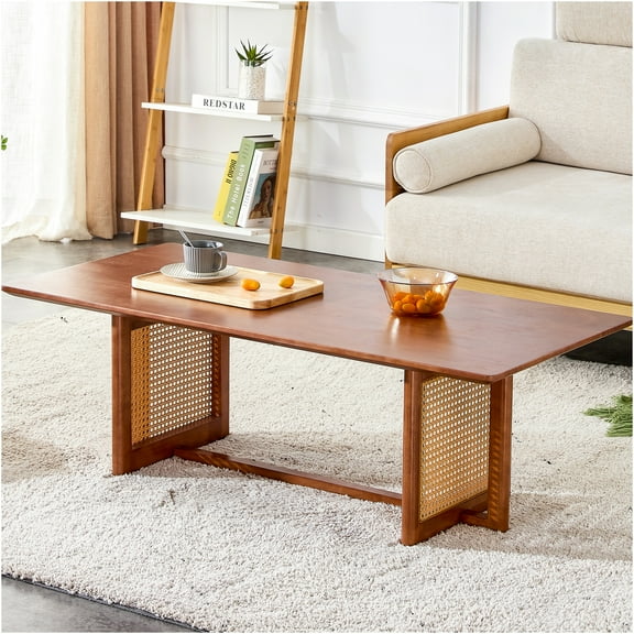 JERFIT 48" Rectangular Coffee Table for Living Room, Walnut Finish Farmhouse Sofa Table with Imitation Rattan Shelf, Rubber Wood Center Table