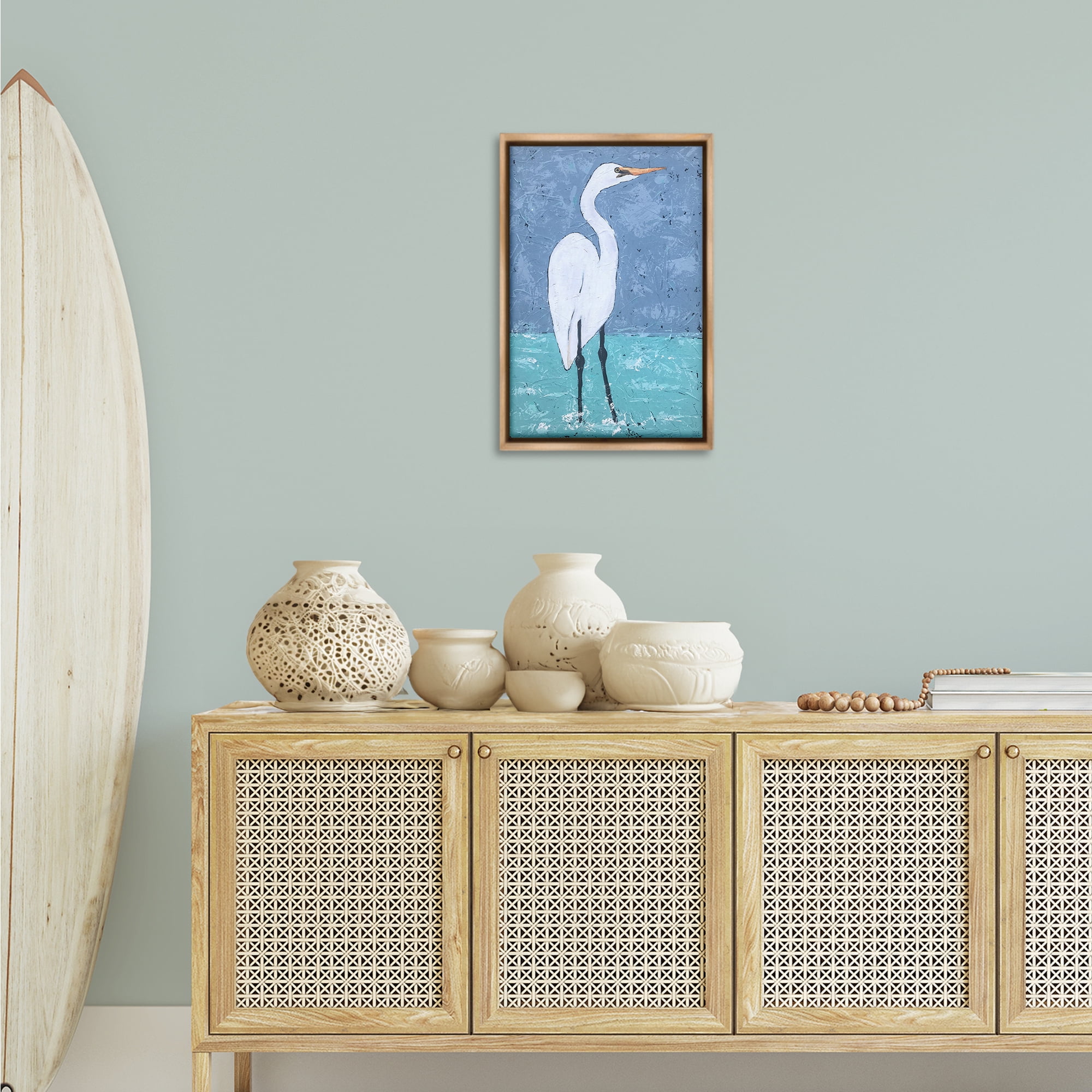 Stupell Industries Sea Heron Standing Animals & Insects Painting Brown Floater Framed Canvas Art Print Wall Art, 17 x 25