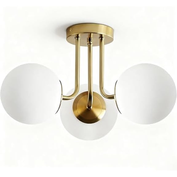 Mid Century Modern Brass 3-Light Gold Ceiling Light, Sputnik Ceiling Light Fixture with Globe White Glass, Semi Flush Mount Ceiling Light for Living Room Hallway Foyer, E26 Base