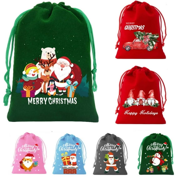 Christmas Gift Bags Drawstring Santa Sacks, 7 Pack Reusable Fabric Holiday Present Bags for Xmas Party Favors, Candy, Toys, Decorations