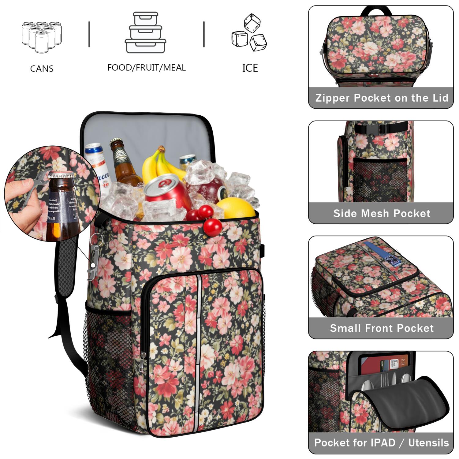 Travel Cooler Bag - Pioneer Flower Camping Beer Cooler Backpack with Bottle Opener- Waterproof Insulated Picnic Backpacks - Cooler Bag for Beach