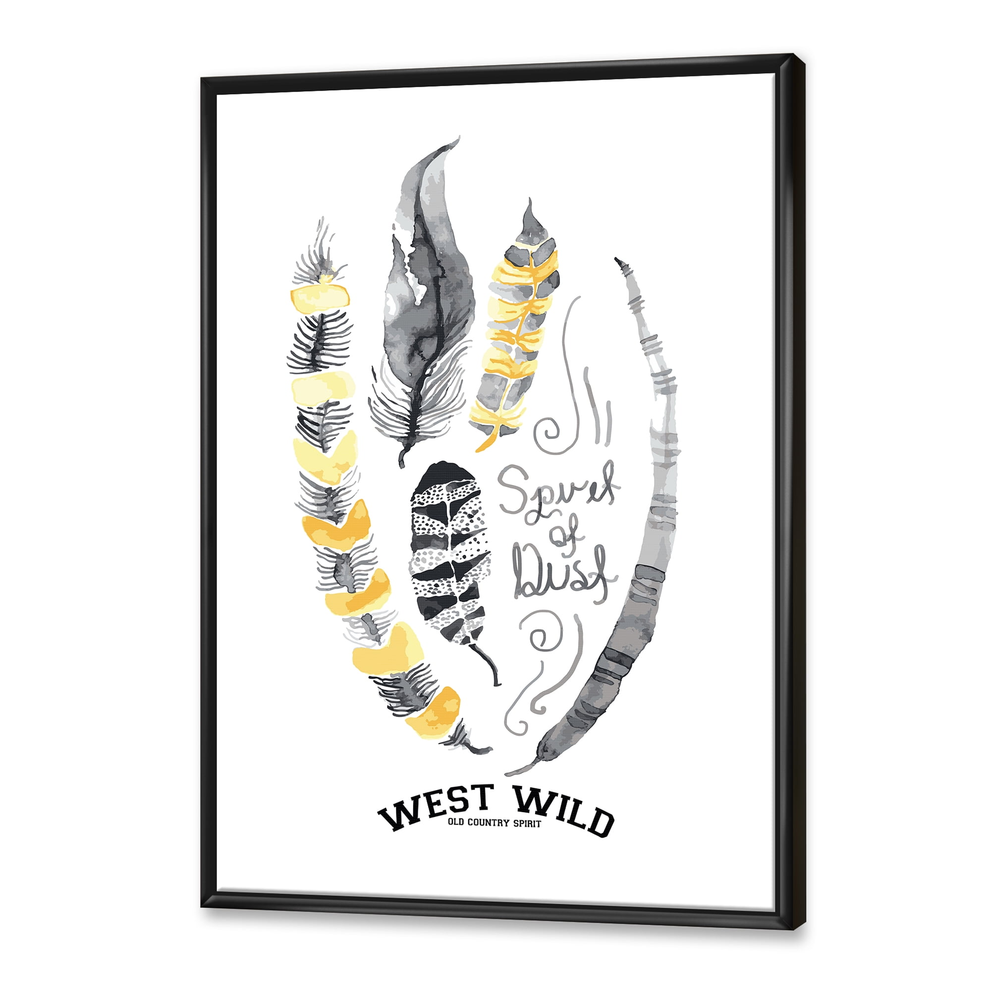 Designart 'Yellow Ethnic Plume Feathers On White' Bohemian & Eclectic Framed Canvas Wall Art Print