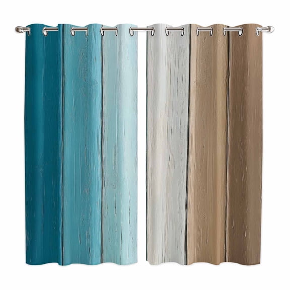 Curtains 63 Inch Length 2 Panels, Teal Brown Ombre Grommets Window Treatment Curtain, Vintage Country Wooden Thermal Curtains Drapes for Living Room/Bathroom