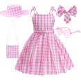 thumbnail image 1 of Película Margot Robbie Barbie disfraz de Cosplay rosa estrellado chaleco Top pantalones bufanda traje para niños niñas fiesta de cumpleaños vestido a cuadros rosa, 1 of 5