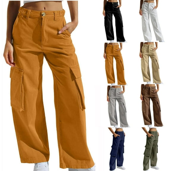 BiZtdJrK Womens Baggy Cargo Jeans High Waisted Straight Wide Leg Trousers Vintage Casual Streetwear Denim Pants with Flap Pockets Sales of The Day Clearance Black M