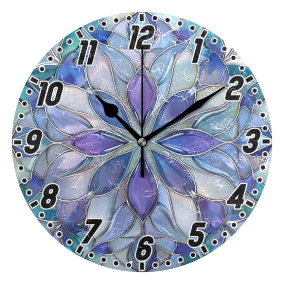Purple Blue Floral Stained Glass Round Wall Clock Battery Operated Silent Non-Ticking Bedroom Office Kitchen Home School Decor 10"(Black)