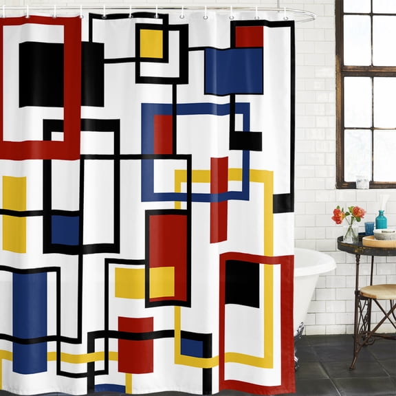Red Blue Black Waterproof Shower Curtain, Large 72"x84" Washable Polyester Fabric Shower Curtains for Bathroom, Geometric Yellow Abstract Middle Century Decorative Bathtub Curtain Sets with Hooks