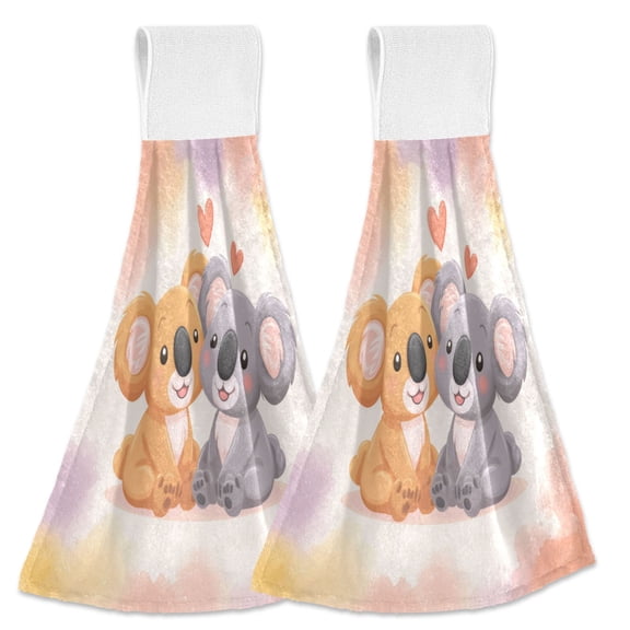 Cartoon Koala in Love Valentine Hanging Towels with Loop Hand Towels Nylon Fastener Tape Design Dish Cloths 2 Pcs