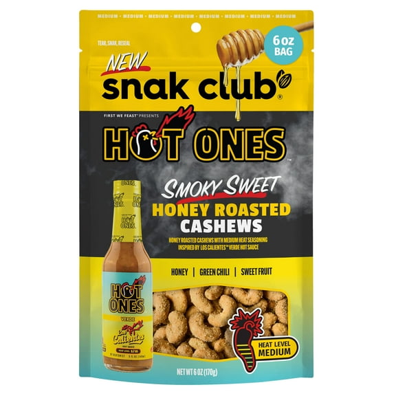 Snak Club x Hot OKA4 Ones Honey Roasted Cashews, Smoky Sweet, Spicy Nuts, Inspired by Hot Ones, Vegan Snack, 6 oz Resealable Bag