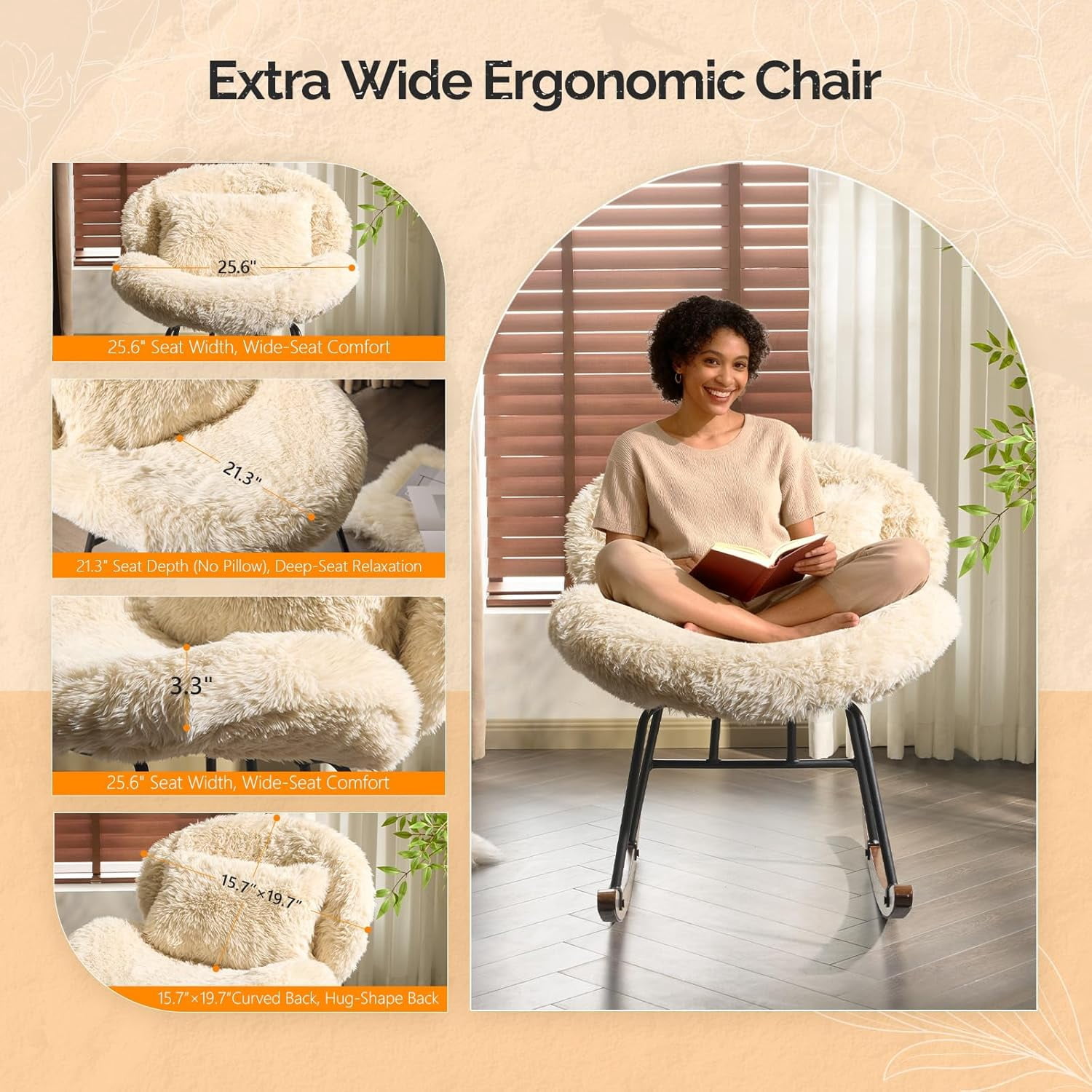 CHTER 25.6" Extra Wide Criss Cross Nursery Rocking Chair,Cute Curved 115° Reclining Armless Glider,Plush Small Rocker w/Pillow & Solid Wood for Indoor,Bedroom, Living Room,Fluffy Fleece,Sandy Beige