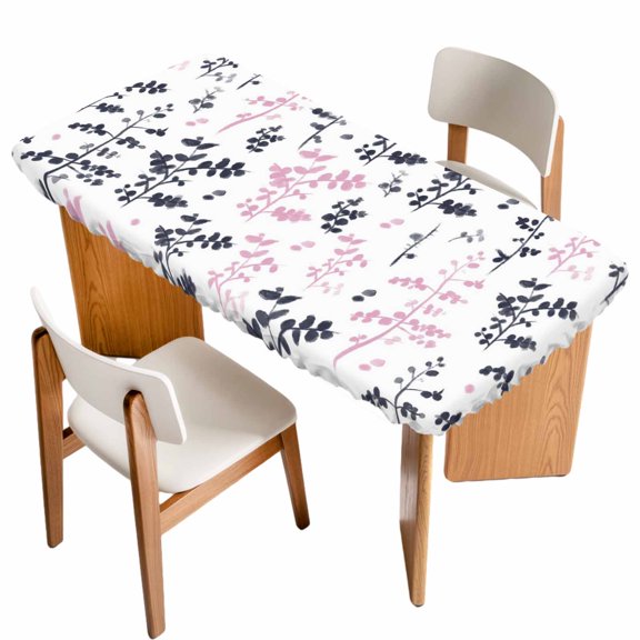Grey Pink Botanical Table Cloths for 3 Foot Rectangle Tables, Watercolor Spring Floral Summer Leaf Patio Waterproof Elastic Fitted Tablecloths, Washable Rectangular Table Cover for Camping