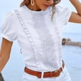 thumbnail image 3 of Women Short Sleeve Top Pleated Ruffle Front Frill Trim Neck Pure Color Stylish Women Shirt Top for Daily Party Dating White XXL, 3 of 6