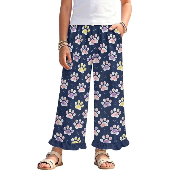 COEQINE Girls Wide Leg Ruffle Pants High Waisted Palazzo Pants with Pockets Flowy Trousers Comfy Fall Outfits for 5-6 Years Little Girls, Floral Paw Navy Blue