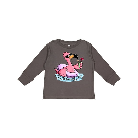 Inktastic Flamingo with Sunglasses Pool Float and Drink Boys or Girls Long Sleeve Toddler T-Shirt