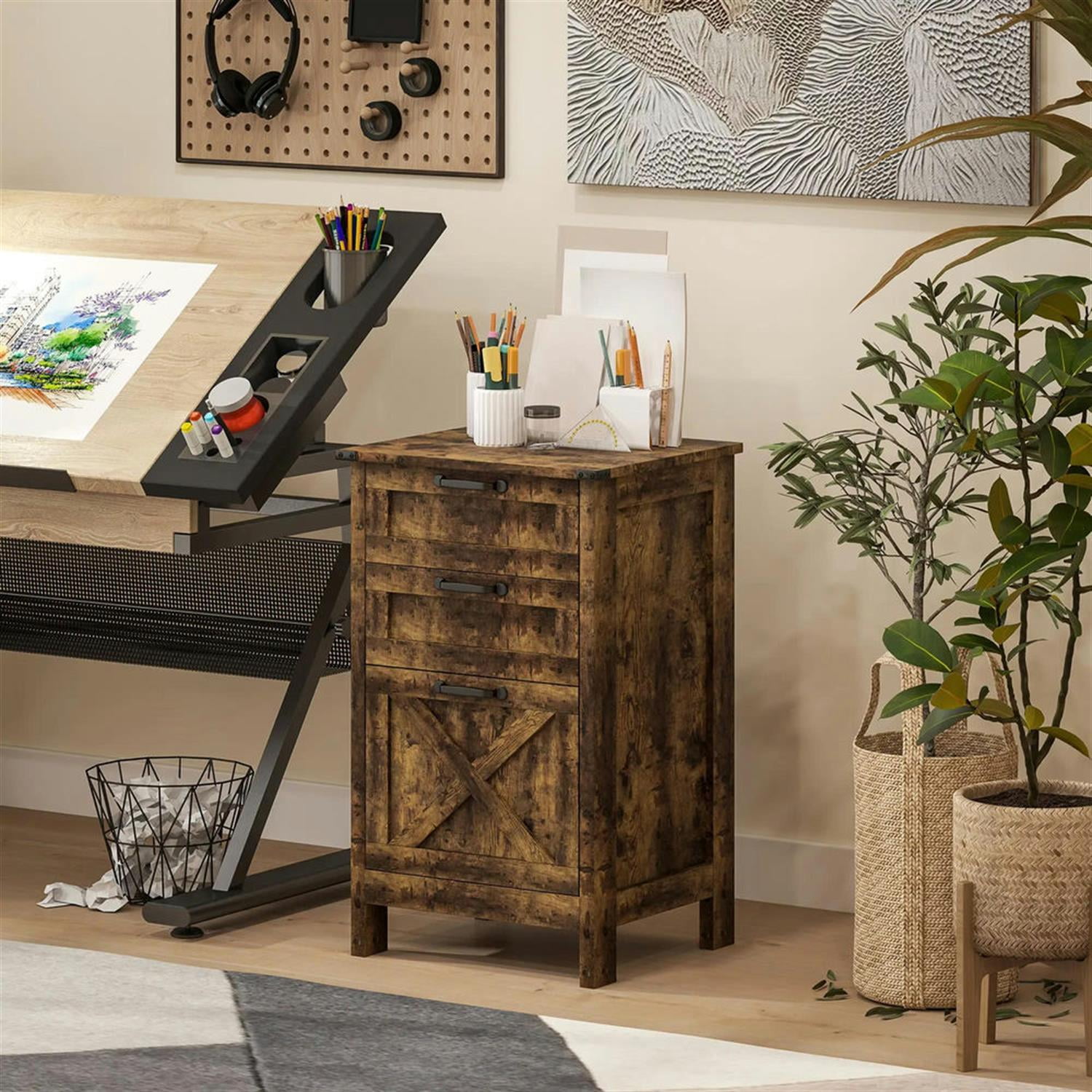 Demi Bonn Modern 3-Drawer Filing Cabinet for Letter, A4 and Legal Size, Home Office, Rustic Farmhouse Vertical File Cabinet, Brown