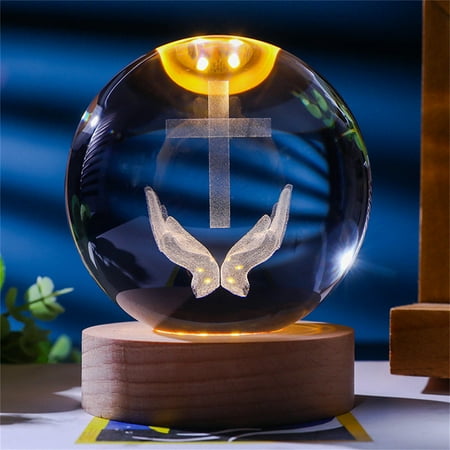 

WANYR Gift Crystal Ball Night Light Engraved Holy Family Figurine Statue With Wooden Stand Color Changing Light Glass Religious Collection Catholic Church Hot