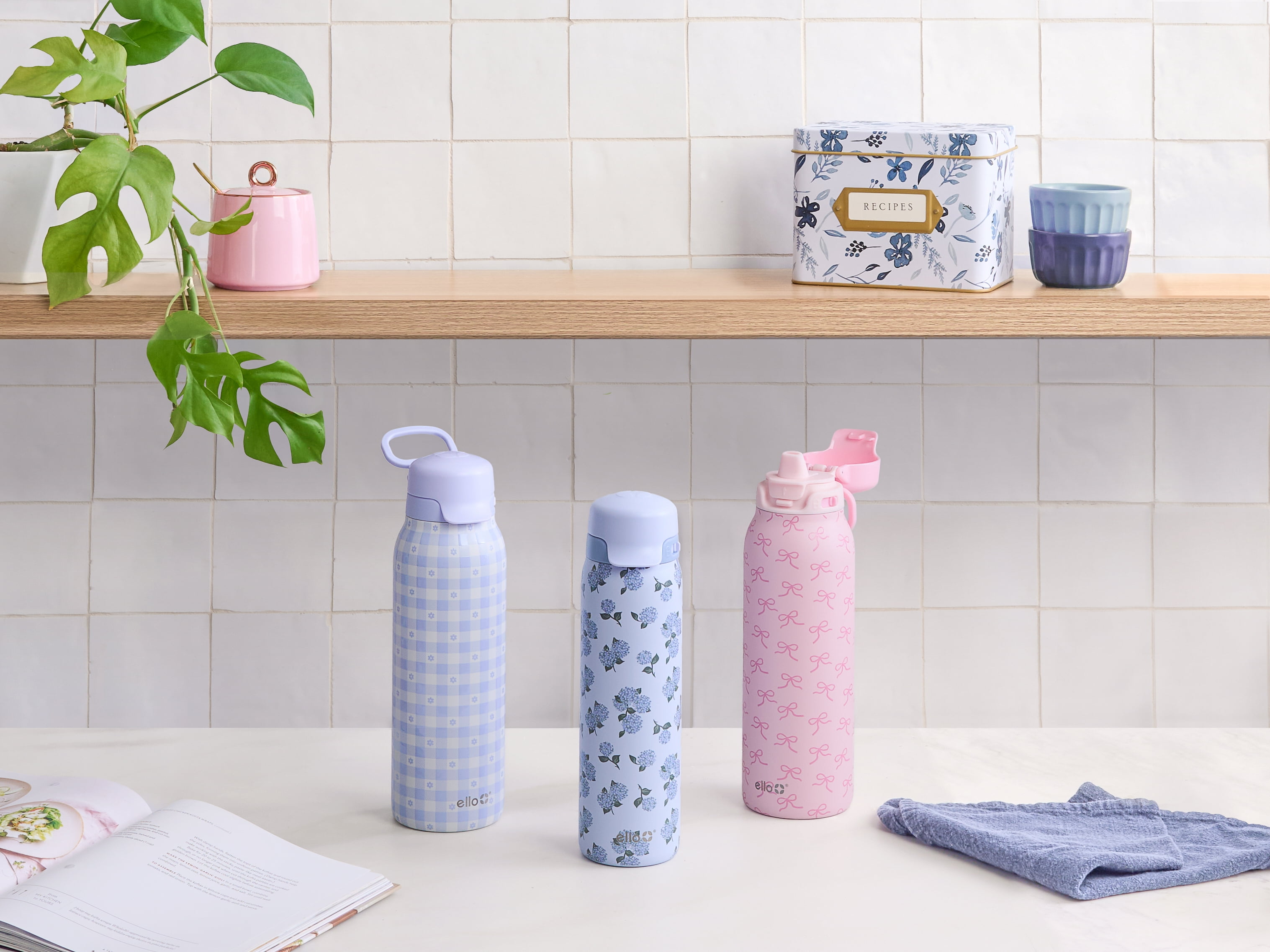 Ello Flip & Fill 22oz Stainless Steel Water Bottle with Quick Fill Tecnology, Sip & Chug, Leak-Proof, Hydrangea Bloom