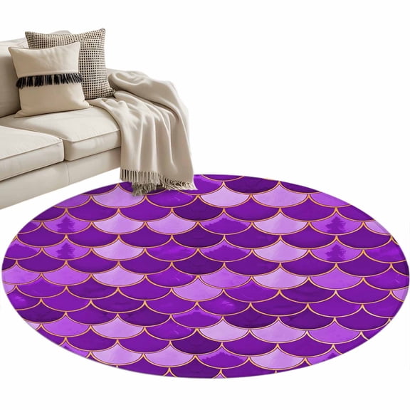 Round Rugs 3 Ft, Purple Fish Scale Non Slip Area Rugs for Kitchen Bedroom Entryway, Modern Geometric Ombre Abstract Moroccan Washable Carpet Runner Rug Floor Mats for Bedroom Home Decor